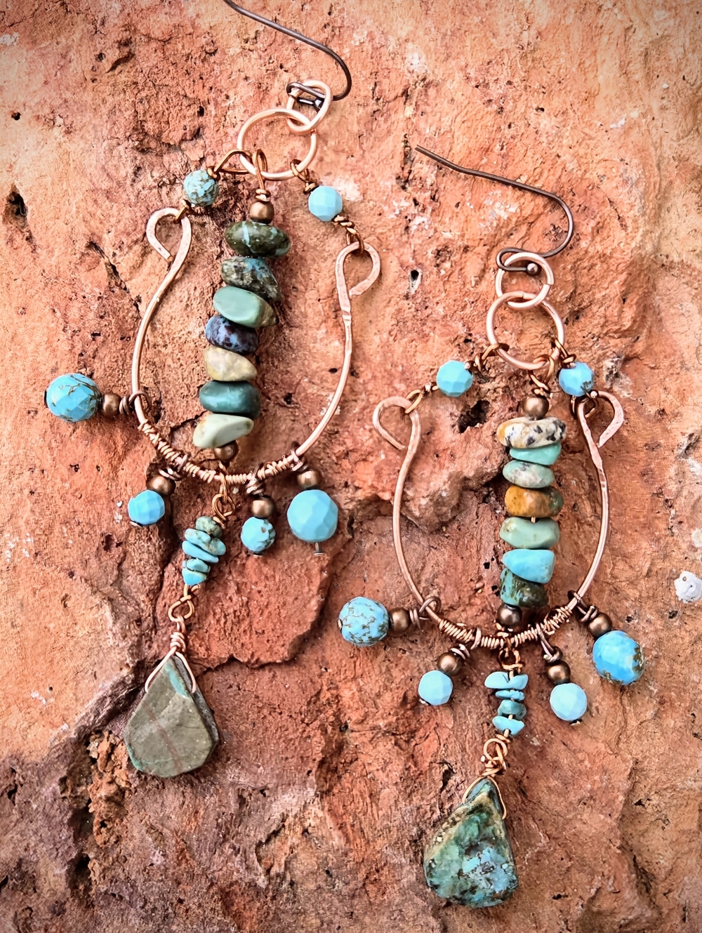 Genuine Blue Mojave Turquoise In Hand-wrought Copper Artisan Made Earrings